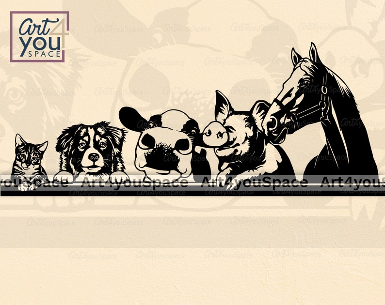 May include: Black and white silhouette illustration of a cat, dog, cow, pig, and horse peeking over a ledge. The animals are looking at the viewer.