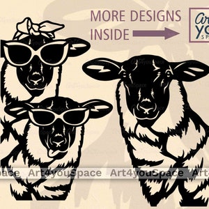 Pecora in formato SVG, Agnello divertente in formato SVG, Cricut, Clipart di pecore del Suffolk, Sbirciare degli animali da fattoria, Download Png degli occhiali da sole per pecore, Taglio al plasma Dxf Vector Design