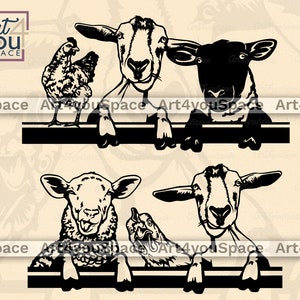 Diseño de logotipo de granja: cabra, oveja, pollo, animales que miran fijamente (SVG), proyectos de Cricut, imágenes prediseñadas de granja divertidas para camisetas, animales de granero (PNG), dxf