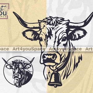 May include: A black and white graphic illustration of a cow head with long horns and a bell around its neck. The design is presented in two versions: a large detailed head and a smaller version enclosed within a circular border. Text reads Art4youSpace.