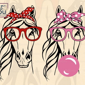 Pferd Gesicht Crycut, Bandana Gläser Bubble Gum Cricut, Kopf Gesicht Vektorgrafik, Download, png printable cut dxf Cameo Silhouette girly