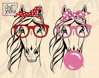 Horse Svg, bandana glasses bubble gum cricut, farm animal clipart, head face vector, download, png printable cut dxf cameo silhouette girly