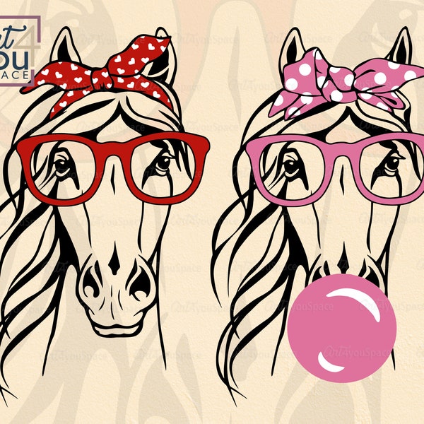 Cavalo Svg, óculos bandana chiclete cricut, clipart de animal de fazenda, vetor de cabeça e rosto, download, png para impressão, corte dxf, silhueta de camafeu feminina