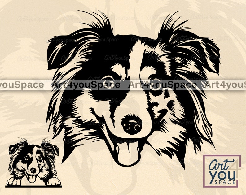 May include: Black and white silhouette of a dog's head with a tongue sticking out. The dog has a long, fluffy coat and a friendly expression.