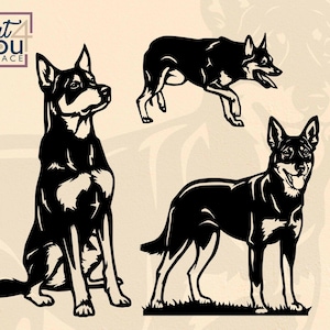 May include: Black and white dog silhouette art. The image features three different poses of a dog, including a sitting, running, and standing position. The artwork has a minimalist design with the text "Art 4 You Space" in the upper left corner.