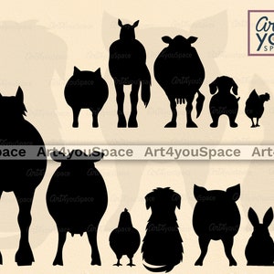 Animaux de ferme Silhouette SVG fichiers pour Cricut, Poulet Cochon Cheval, Chien, Lapin, Cow butt clipart Télécharger, Vector art Farmhouse sign, Png, Dxf