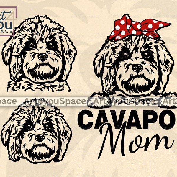 Cavapoo Svg, Dog SVG File Cricut, Cute Puppy Clipart, Download PNG, Breed Vector DXF, Printable Art, Mom Design, Pet Paws Face, Head Bandana