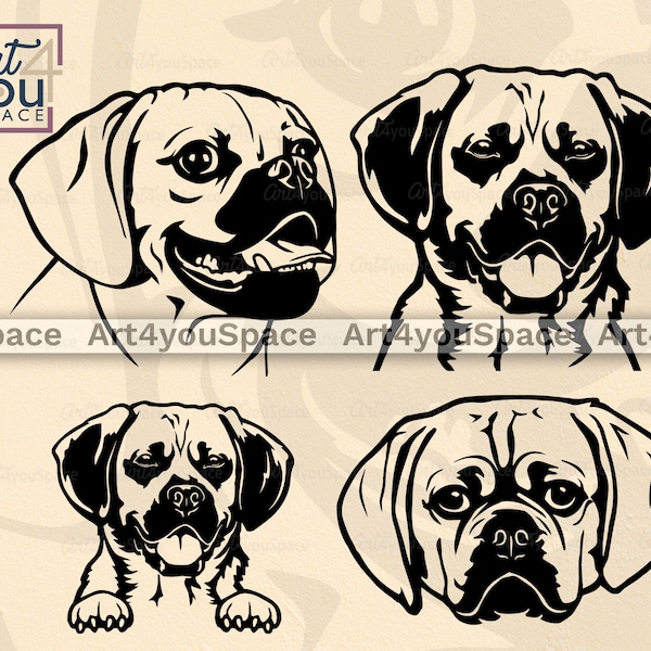Puggle svg, dog svg file for Cricut, Beagle Pug mix breed clipart, pet Face, Head, dxf, vector, png, download, shirt design, printable art