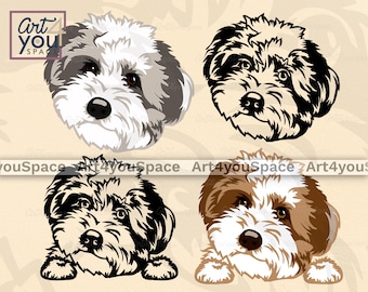 Mini-Aussiedoodle-Hunde-Svg-Dateien für Cricut, Pudel-Mix-Rassen-Clipart, süßer Welpe-Farb-Vektor-Kunst-Download, grau-rotes Gesicht, Kopf, Pfoten spähen