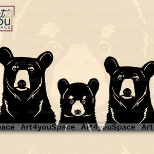 Fichiers SVG ours Cricut, clipart ours noir, mignon animal sauvage des bois, PNG, vecteur, art imprimable téléchargement dxf, famille de bébé papa maman ours