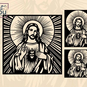May include: Black and white laser-cut artwork featuring a depiction of Jesus Christ with a radiant halo. The image includes a large square piece and two smaller rectangular pieces. The text "Art 4 You Spa" is in the upper left corner.