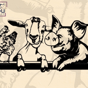 Bauernhof Tiere svg, Huhn, Schwein, Ziege, Pieke, Download, Cricut, Clipart, Laser geschnitten Vektor, Png, Dxf Dateien für cnc email, t shirt Schablone