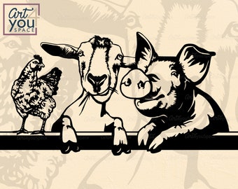 Farm animals svg, chicken, pig, goat, Peeking, Download, Cricut, Clipart, laser cut vector, png, dxf files for cnc plasma, t shirt stencil