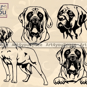 Engelse Mastiff hond svg-bestand voor Cricut, Vector afbeelding Clipart gezicht, gluren hoofd poten, ras, png, download dxf, shirtontwerp, afdrukbare kunst