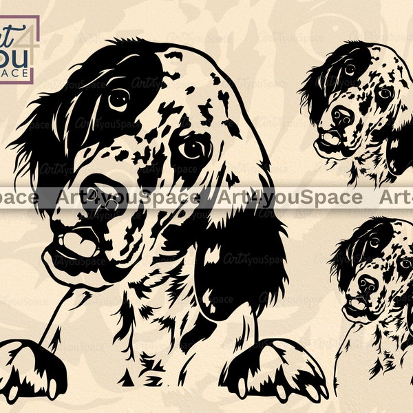 Setter anglais svg, fichiers svg de chien pour Cricut, chasse race clipart dxf, vecteur art imprimable png, téléchargement, portrait de visage drôle, tête