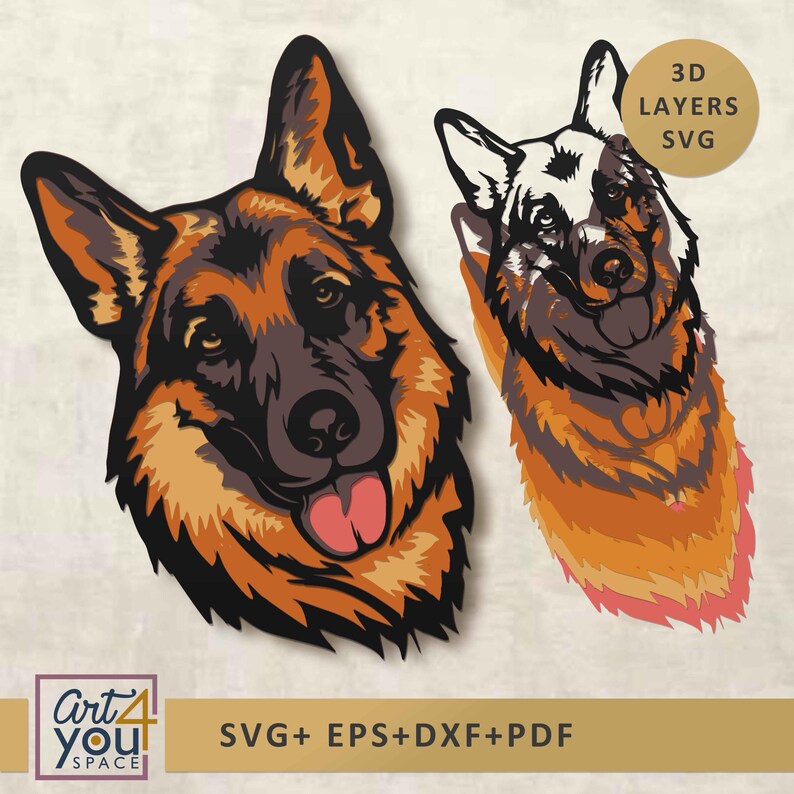 May include: Two German Shepherd dog head designs in a layered style. The dogs are depicted in shades of brown, black, and tan, with one showing a side profile and the other a front view. The image includes the text "3D LAYERS SVG" and "SVG+ EPS+DXF+PDF".