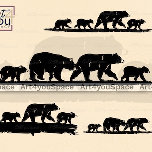 Arquivos SVG da família do urso Cricut, vetor de urso preto, clipart de animais fofos da floresta, download Png DXF arte Cnc com corte a laser, silhueta de mamãe papai bebê