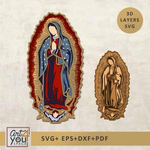 Puede incluir: Dos obras de arte religiosas en capas que representan a la Virgen María. La pieza más grande es en rojo, azul y dorado, con el texto "3D LAYERS SVG" en un círculo. La pieza más pequeña es en tonos marrones. También está presente el texto "SVG+ EPS+DXF+PDF".
