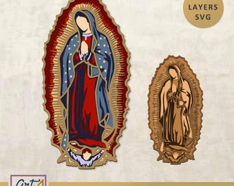 May include: Two layered religious art pieces depicting the Virgin Mary. The larger piece is in red, blue, and gold, with the text "3D LAYERS SVG" in a circle. The smaller piece is in shades of brown. The text "SVG+ EPS+DXF+PDF" is also present.