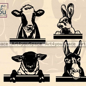 May include: Four black and white silhouette images of animals with a blank space below each for text. The animals are a cow, a rabbit, a sheep, and a donkey.