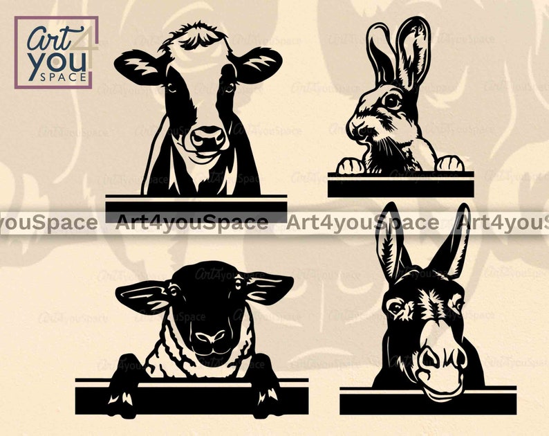 May include: Four black and white silhouette images of animals with a blank space below each for text. The animals are a cow, a rabbit, a sheep, and a donkey.