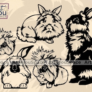 ライオンの頭のウサギ、Cricut 用の SVG ファイル、耳の垂れたウサギ、農場の動物のクリップアート、ベクター描画のダウンロード、印刷可能な線画、ペットのカット ファイル
