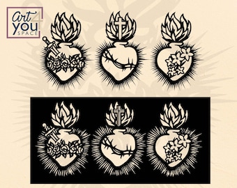Corazones de la Sagrada Familia SVG / Sagrado Corazón de Jesús, Inmaculado Corazón de María, Casto Corazón de José / Archivos de corte láser católicos, imágenes prediseñadas para Cricut