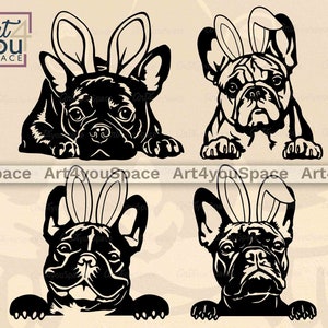 Französische Bulldogge Ostern SVG, Hund Hasenohren SVG für Cricut Download, Frenchie Clipart, PNG druckbare Kunst, süßes Tier DXF Vektor