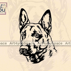 Könnte beinhalten: Schwarz-weiß-Linienzeichnung eines belgischen Schäferhundes. Der Hund schaut nach links mit geschlossenem Maul. Die Illustration ist in einem einfachen, minimalistischen Stil gehalten.