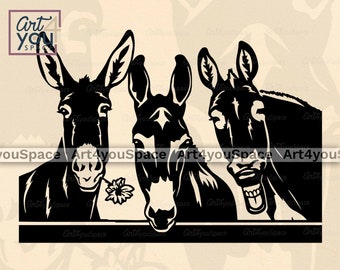 May include: Three black donkey silhouettes with a floral design in the foreground. The donkeys are looking in different directions. The donkey on the left is holding a flower in its mouth.