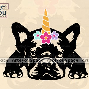 Französische Bulldogge svg-Dateien für Cricut, lustige Frenchie Einhorn Horn Blume Clipart, niedlicher Hund Vektor Download, png, dxf, druckbare Kunst Haustier liegend