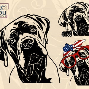 Cane Corso svg, dog svg file for cricut, peeking dog USA flag bandana glasses, Face, mastiff art, breed vector clipart, png, download dxf