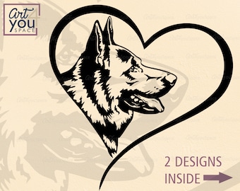 German shepherd svg, dog svg, Valentine GSD, printable, cricut, head, face, cute, dxf, ClipArt, Police dog, vector image, png heart love