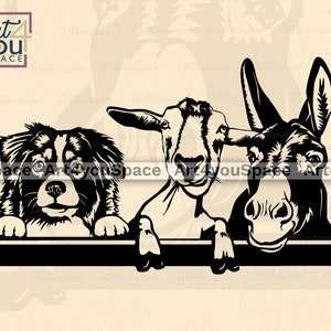 May include: Black and white illustration of a dog, goat, and donkey peeking over a black banner. The animals are looking at the viewer with curious expressions.
