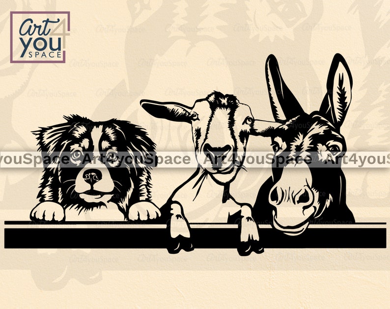May include: Black and white illustration of a dog, goat, and donkey peeking over a black banner. The animals are looking at the viewer with curious expressions.