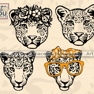 Leopard Tier SVG-Dateien für Cricut, Zoo Brille Bandana Clipart, Wildtier Gesicht Blumenkranz Vektor-Grafik, Download Maskottchen PNG, Girly