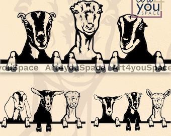 Goats svg File, Funny Peeking farm animals png, livestock Clipart, Logo vector design, Cricut Project download, dxf