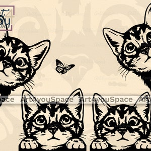 Fichiers SVG de chat mignon pour Cricut, curieux Pet Vector, conception de chemise, Peeking face animal Clipart, art imprimable, Télécharger png, papillon coupé dxf