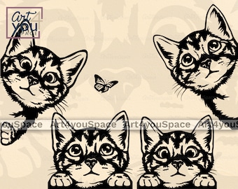 Cute Cat SVG files for Cricut, curious Pet Vector, shirt design, Peeking face animal Clipart, printable art, Download png, dxf cut butterfly