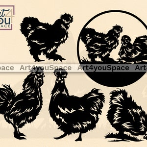 Poulet Silkie, vecteur de coq, fichiers Dxf plasma CNC, fichier découpé au laser poulet, piquet de jardin en métal, projets Cricut, clipart animaux de la ferme, png