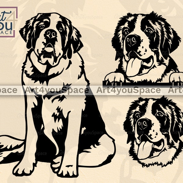 Saint Bernard Dog Svg files for Cricut, funny pet face vector graphics cut file, peeking head clipart download, breed dxf, png printable art