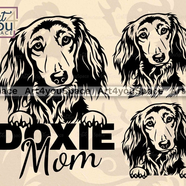 Longhaired Dachshund svg, Dog face svg Cricut, Doxie mom clipart, Peeking pet Vector, png Download, Printable art, paw head dxf cut file
