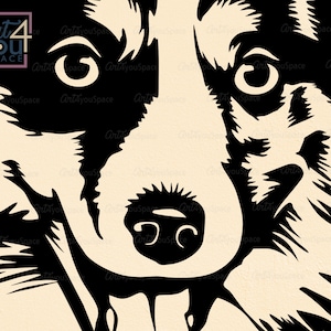 May include: Black and white illustration of a dog's face. The dog has a long snout and large, expressive eyes.