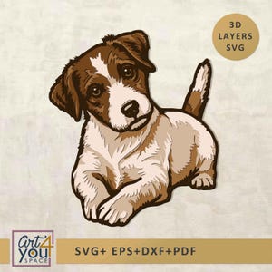 May include: A digital illustration of a brown and white puppy lying down, featuring a dark brown nose and ears. A circular badge in the top right corner reads 3D LAYERS SVG. The bottom left corner displays the text Art 4 you SPACE.