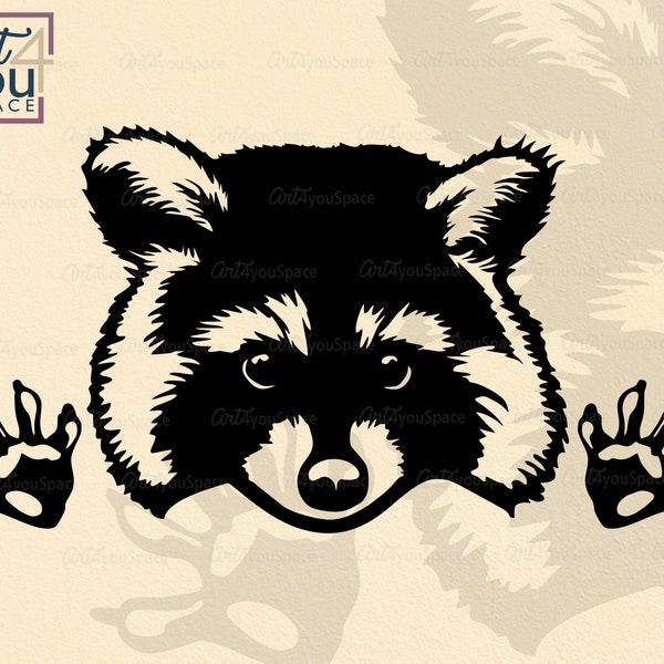 Svg, curious raccoon face with paws, racoon Cute, clipart, Funny animals, Woodland, Silhouette, vector, Peekaboo, download, png, dxf