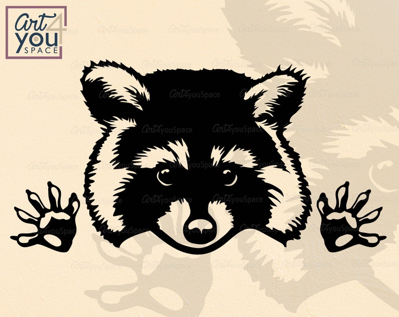 Svg, curious raccoon face with paws, racoon Cute, clipart, Funny animals, Woodland, Silhouette, vector, Peekaboo, download, png, dxf image 1