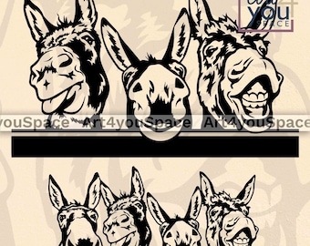 Donkeys Svg files for cricut, Funny peeking animal face Dxf, farm vector clipart download, livestock png, t-shirt design, mule printable art