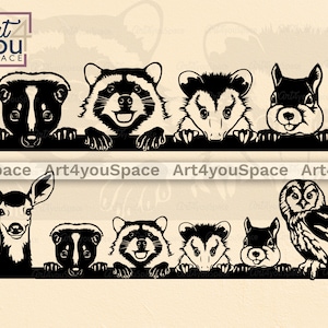Waldtiere SVG Cricut, spähendes Gesicht Clipart, Vektor-Download, PNG Dxf, printable Kunst, Kinderzimmer Wand Stinktier Eule Eichhörnchen Waschbär Rehkitz