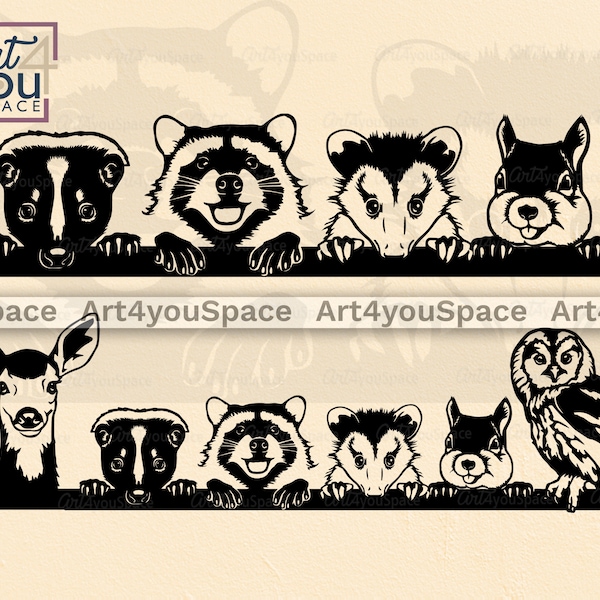 Woodland Animals SVG Cricut, Peeking Face Clipart, Vector Download, PNG Dxf, Printable Art, Nursery wall skunk owl squirrel raccoon fawn