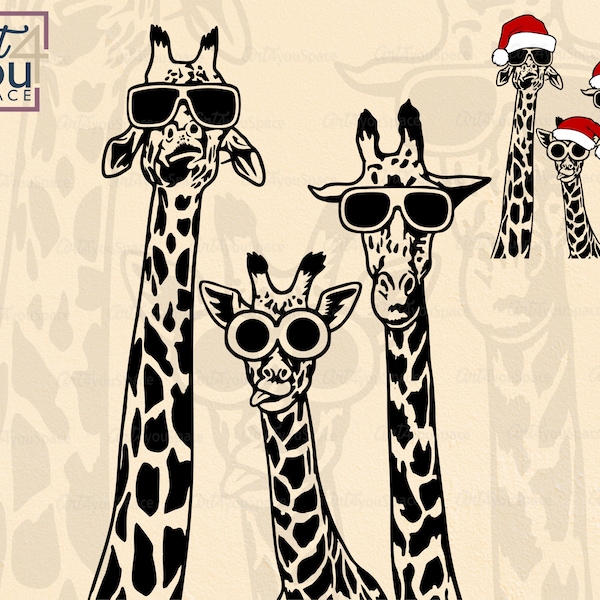 Giraffe SVG, funny Giraffes with glasses, African Safari Animal, Head, Face, Neck, PNG, Zoo, Christmas Clipart Vector, Download, Cricut, dxf